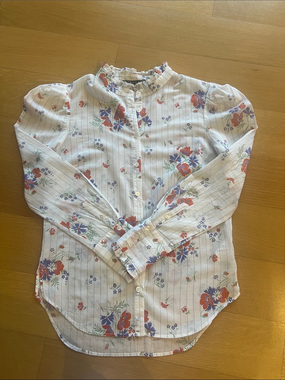 Veronica Beard Women’s White Floral Puffer Sleeve Button-Up Top. Size Small